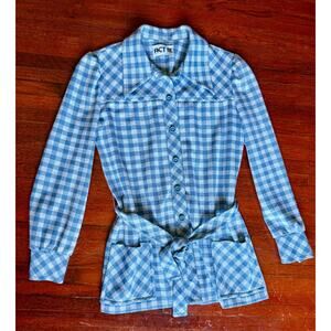 Vintage 70s Act 2 Blue White Gingham Long Sleeve Belt Tunic Top Dagger Med large